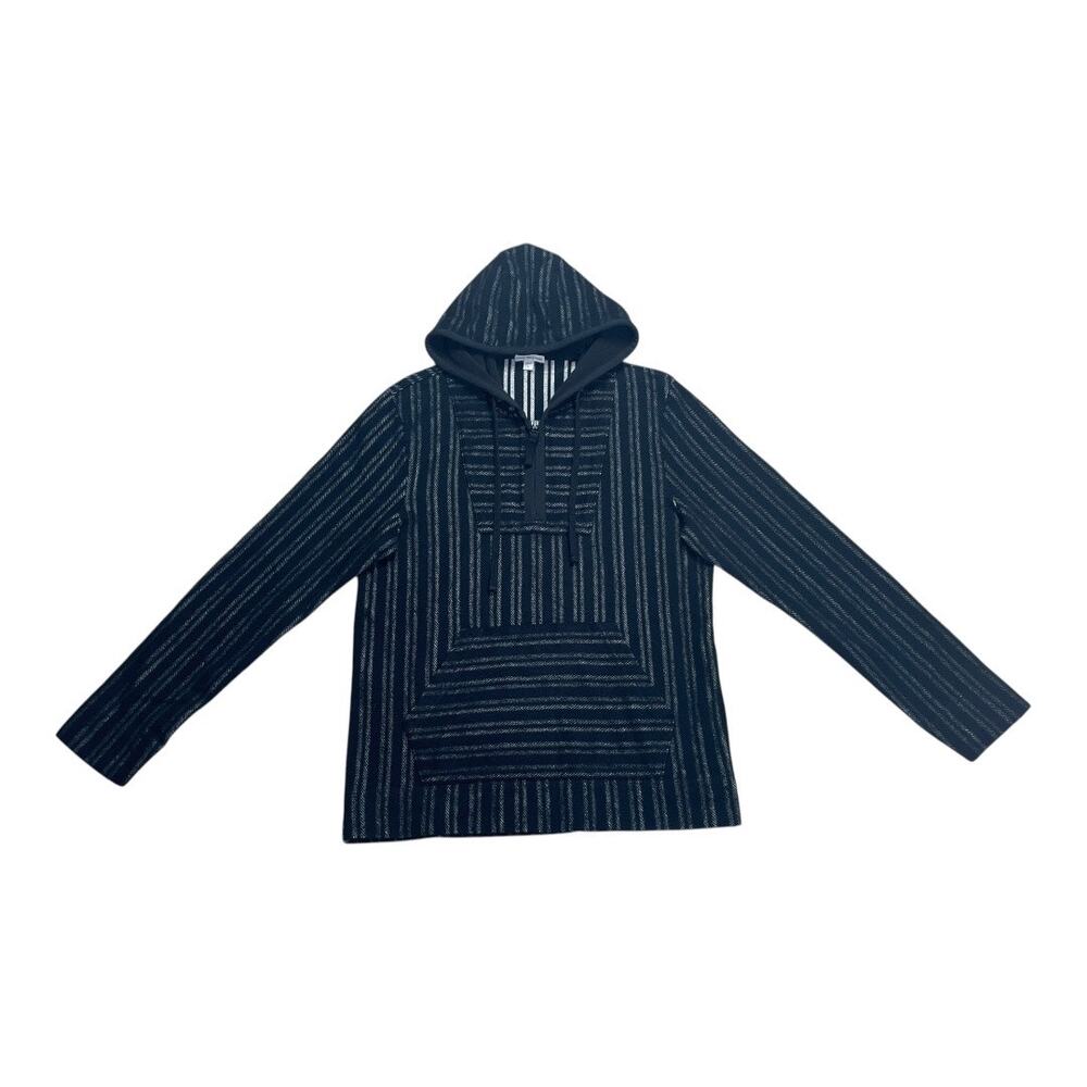 James Perse Black Stripe Hoodie Pullover Baha Half Zip 1/Small